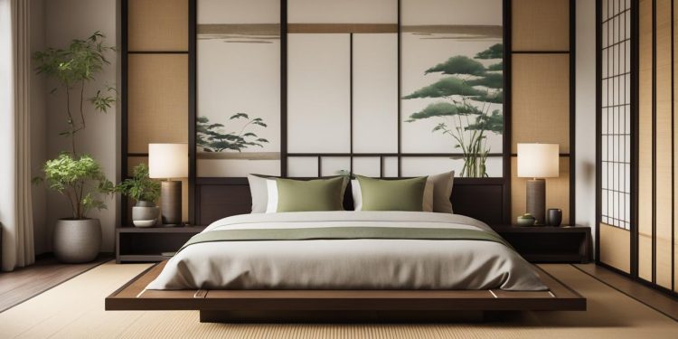 Jasna sypialnia z prostym, drewnianym łóżkiem i pojedynczymi bambusowymi dekoracjami emanuje spokojem