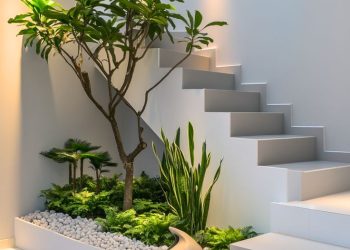 Schody ogrodowe otoczone bujnymi zielonymi roślinami w zacienionym wilgotnym miejscu