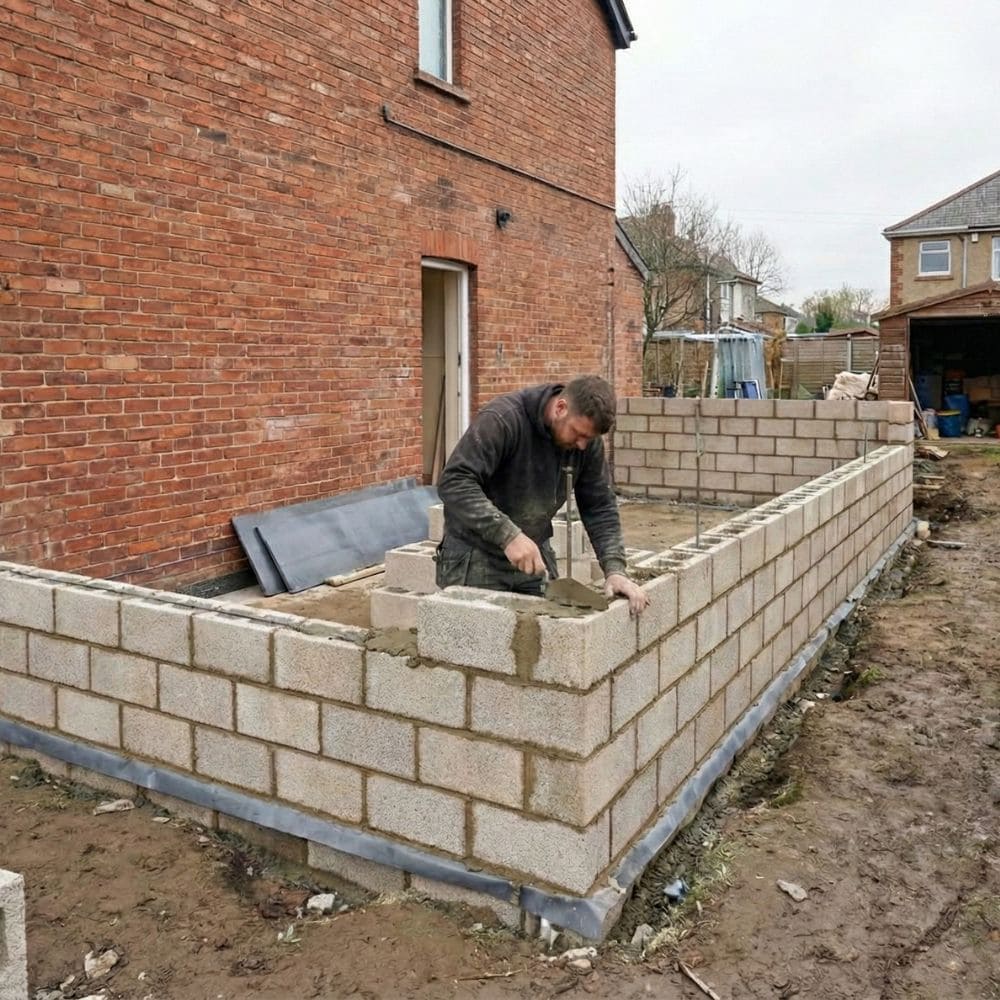 Blok betonu komórkowego nasączony wodą z widocznymi plamami wilgoci na powierzchni