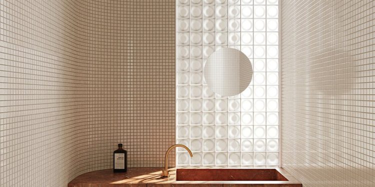 Nowoczesna ściana z przezroczystych luksferów doświetlająca jasne wnętrze salonu