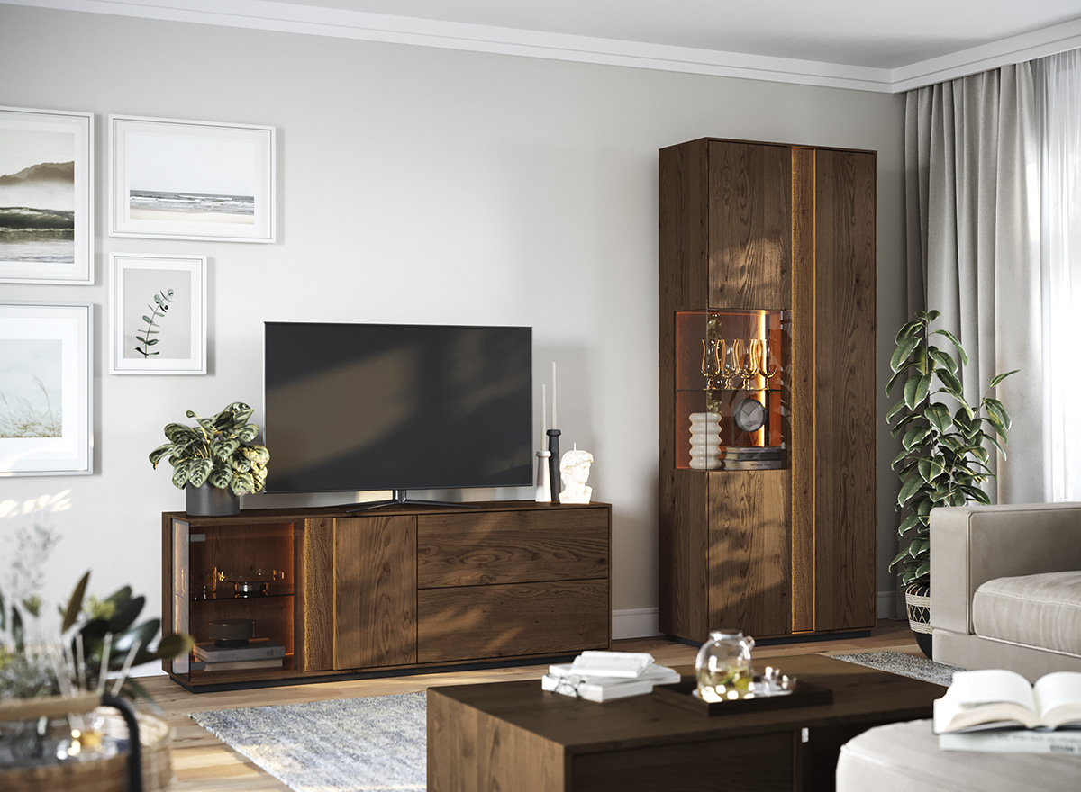 Dębowa komoda z szufladami i mosiężnymi uchwytami w ciepłym brązie