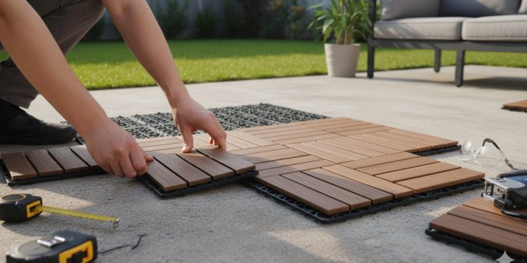 Przestronny taras z ułożonymi płytkami ceramicznymi otoczony zielenią ogrodu i meblami