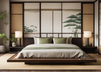 Jasna sypialnia z prostym, drewnianym łóżkiem i pojedynczymi bambusowymi dekoracjami emanuje spokojem