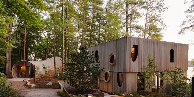 Na czerwonej blachodachówce tańczą jesienne liście niesione podmuchami wiatru