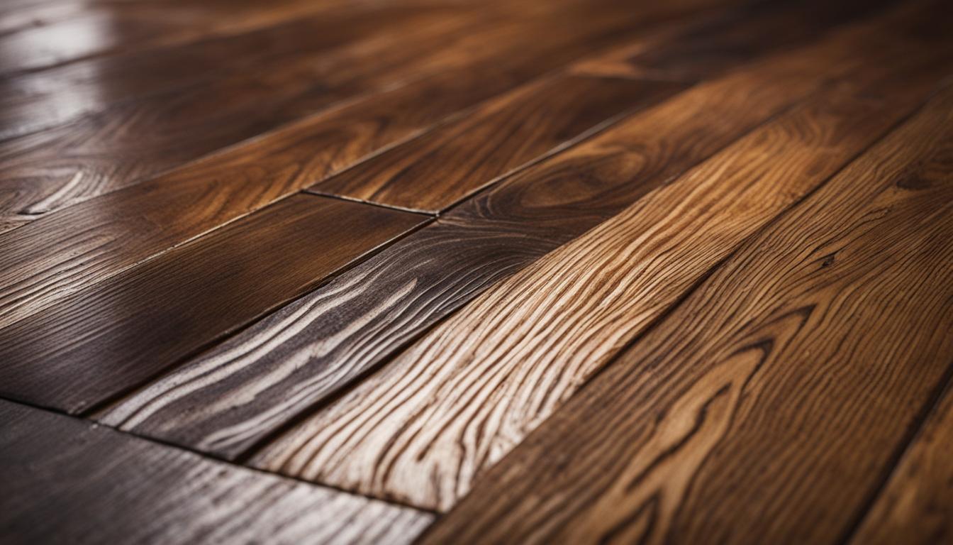 Podkładanie drewnianego klina pod skrzypiącą deskę Klin z drewna wbijany młotkiem między deski podłogi aby wypełnić luz skrzypiący