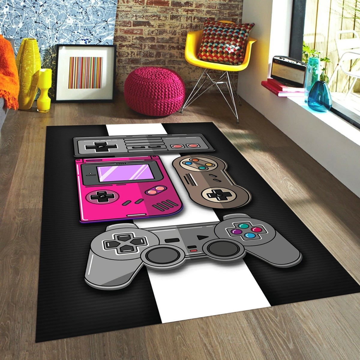 Dywan pixel art retro Pixel art dywan z motywami 8-bitowych gier retro obok monitora