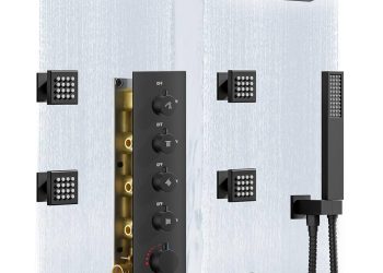 Bateria prysznicowa zamontowana na kafelkowanej ścianie prysznica w łazience na standardowej wysokości