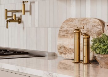 nowoczesna kuchnia z błyszczącymi białymi płytkami na ścianach i podłodze