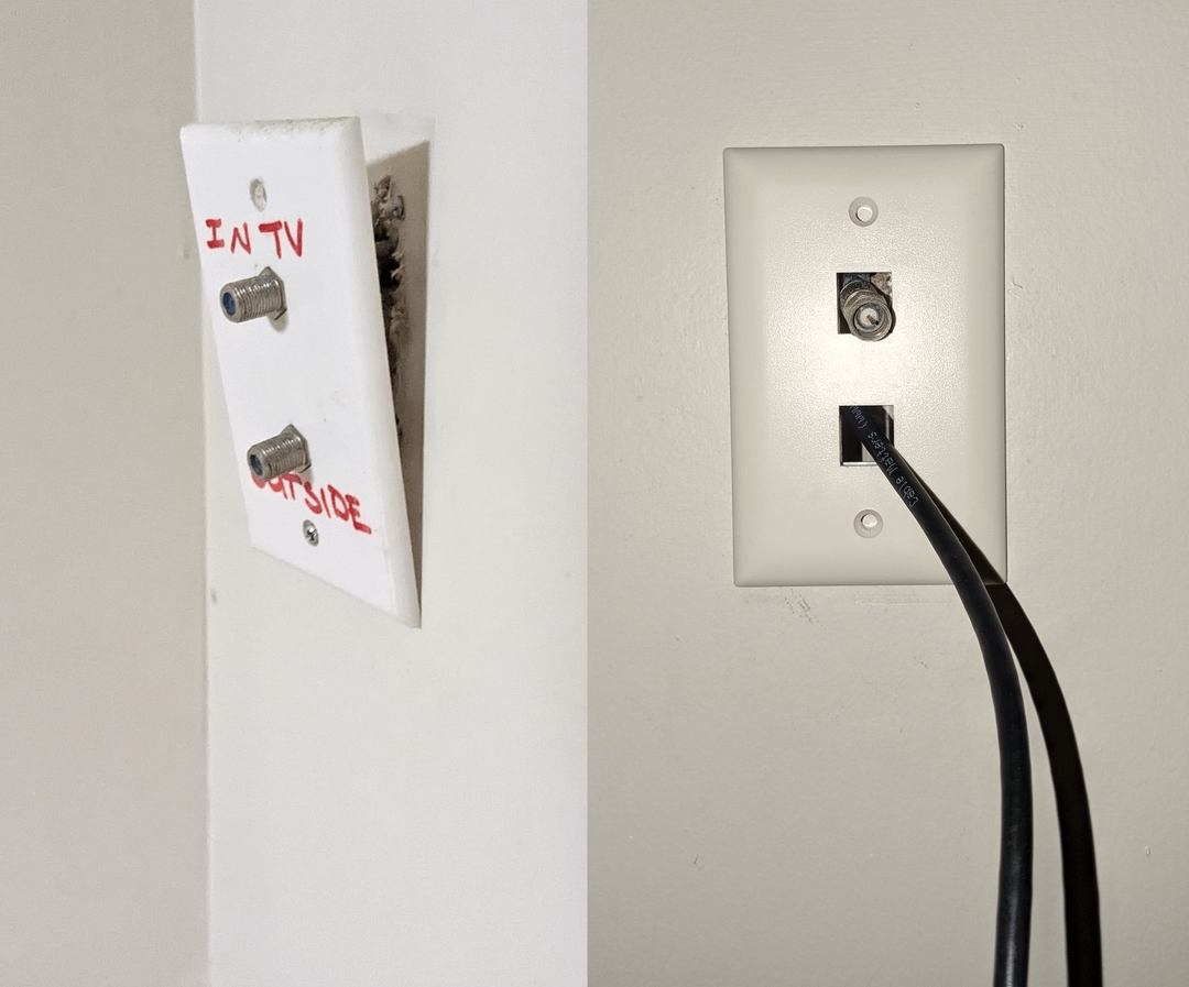 dwa różne kable sieciowe obok siebie: cienki patchcord i grubszy kabel instalacyjny