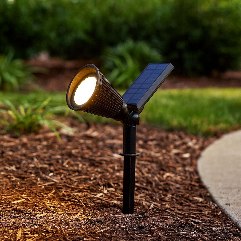 Lampa solarna z czujnikiem ruchu oświetla ścieżkę przed domem