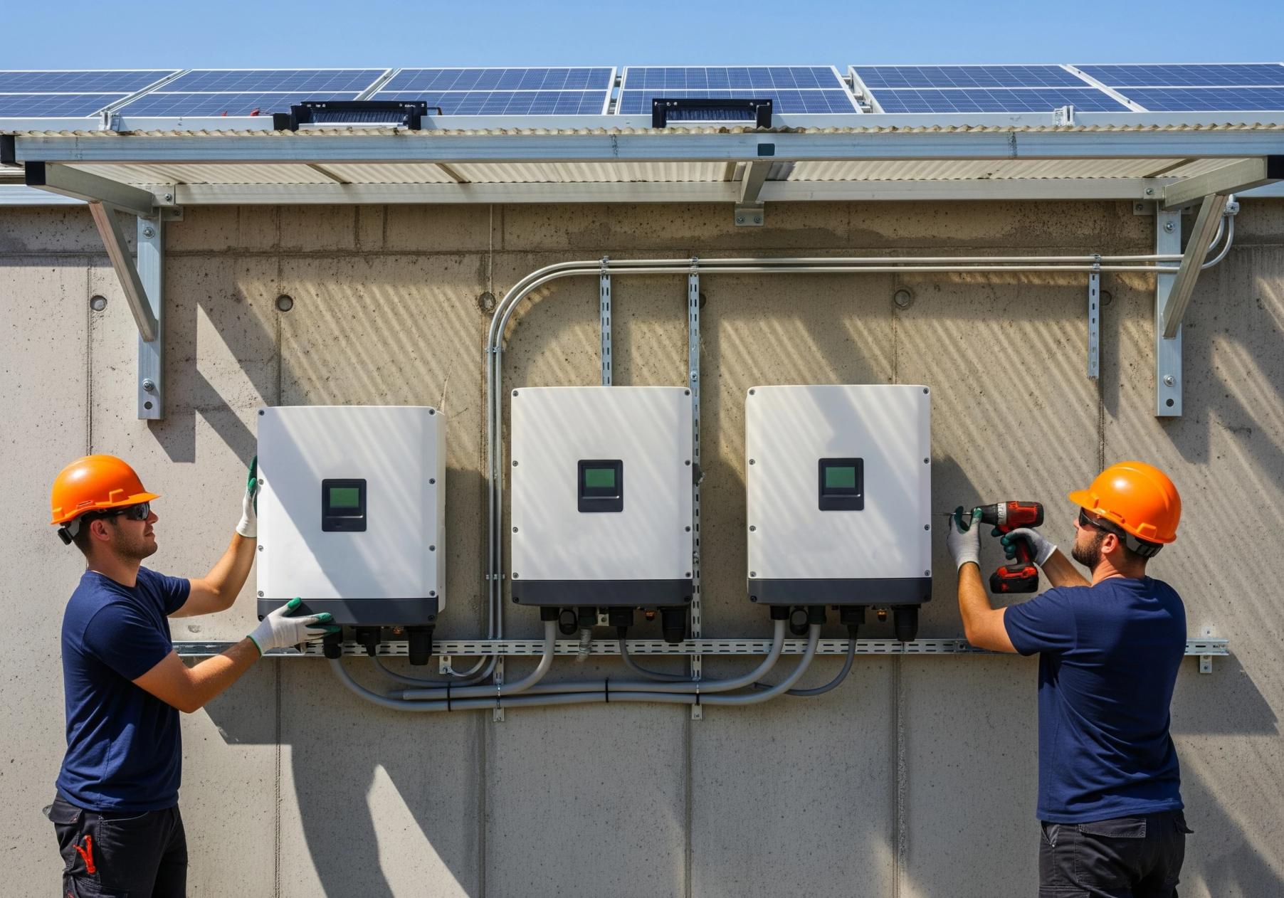 Hybrydowy falownik zamontowany obok modułów i przewodów instalacyjnych